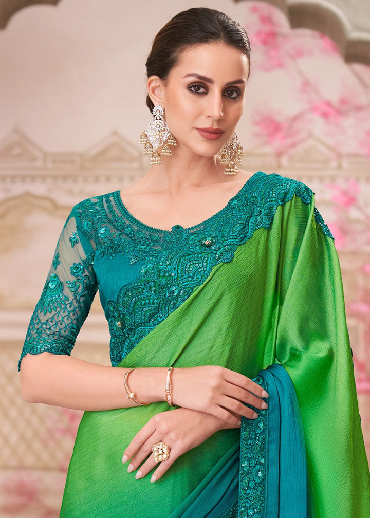Blue & Green Shades Satin Chiffon Saree With Detailed Embroidery And Luxe Appeal - House of Sarvati LLC