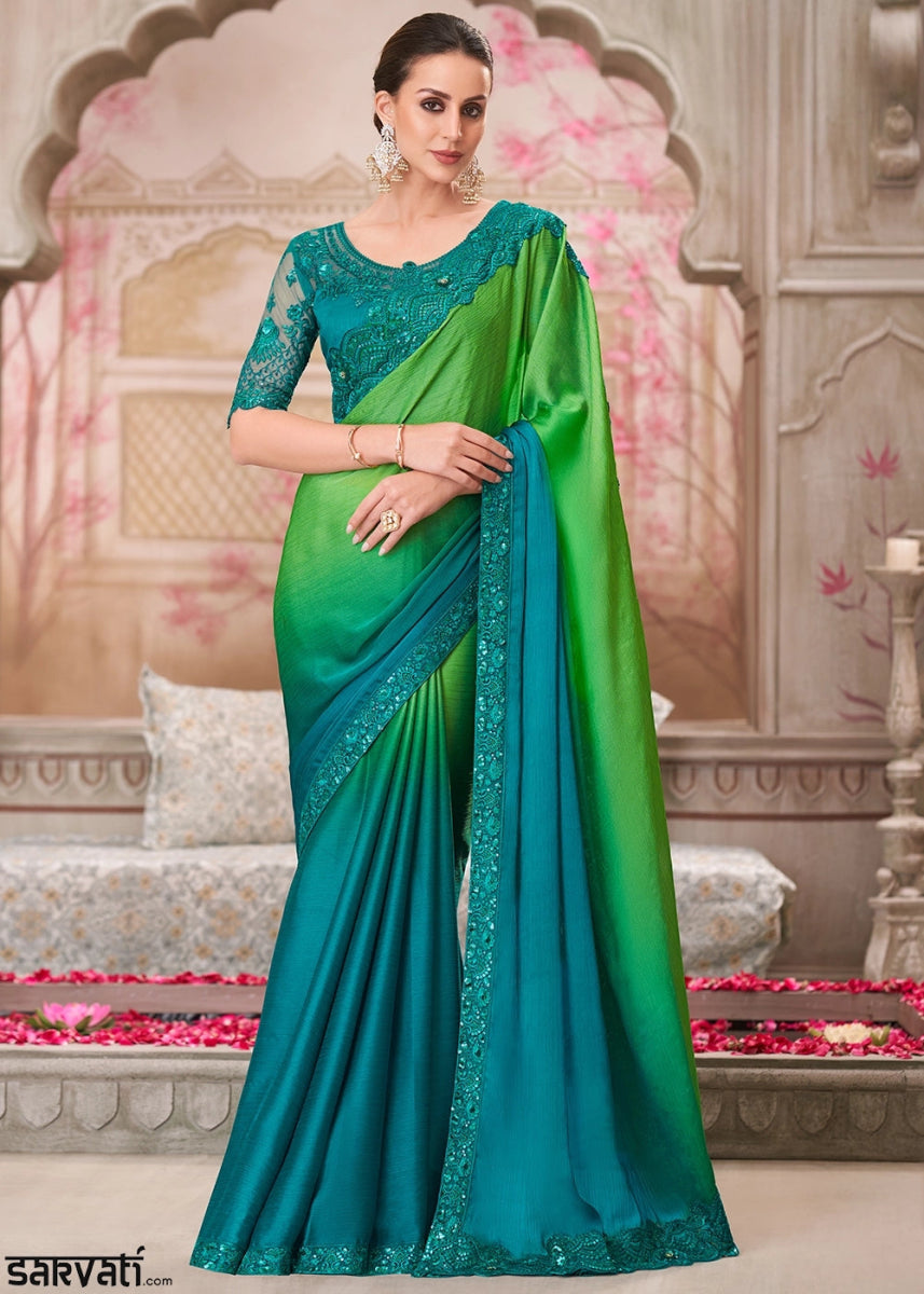 Blue & Green Shades Satin Chiffon Saree With Detailed Embroidery And Luxe Appeal - House of Sarvati LLC