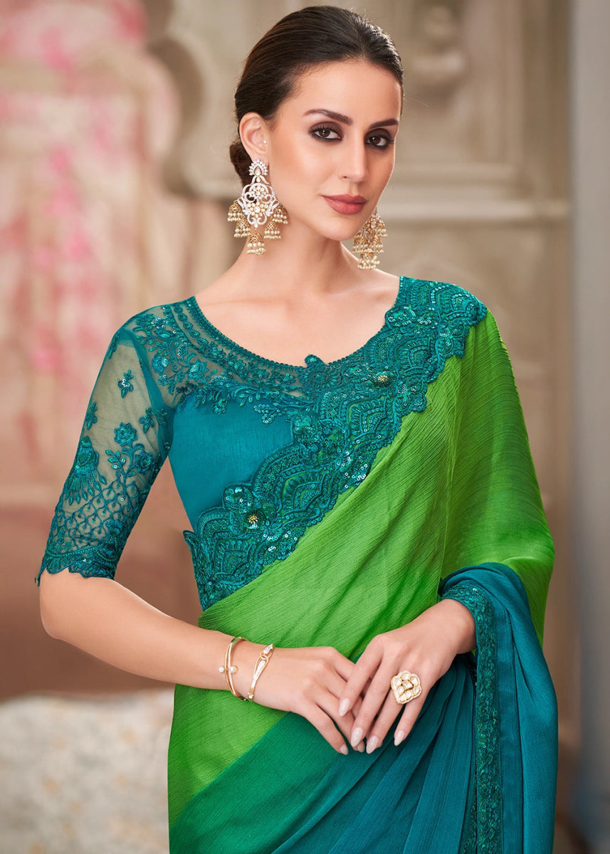 Blue & Green Shades Satin Chiffon Saree With Detailed Embroidery And Luxe Appeal - House of Sarvati LLC