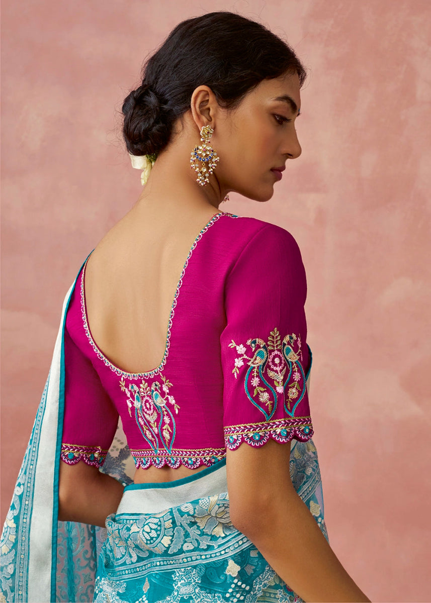Blue & Pink Brasso Organza Saree with Designer Embroidered Blouse - House of Sarvati LLC