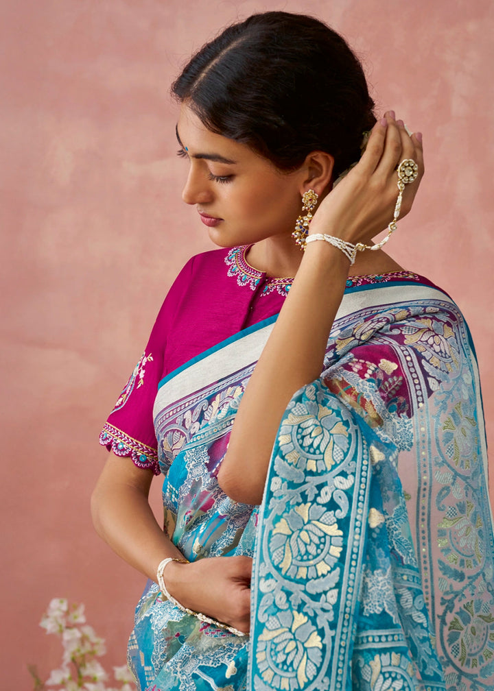 Blue & Pink Brasso Organza Saree with Designer Embroidered Blouse - House of Sarvati LLC