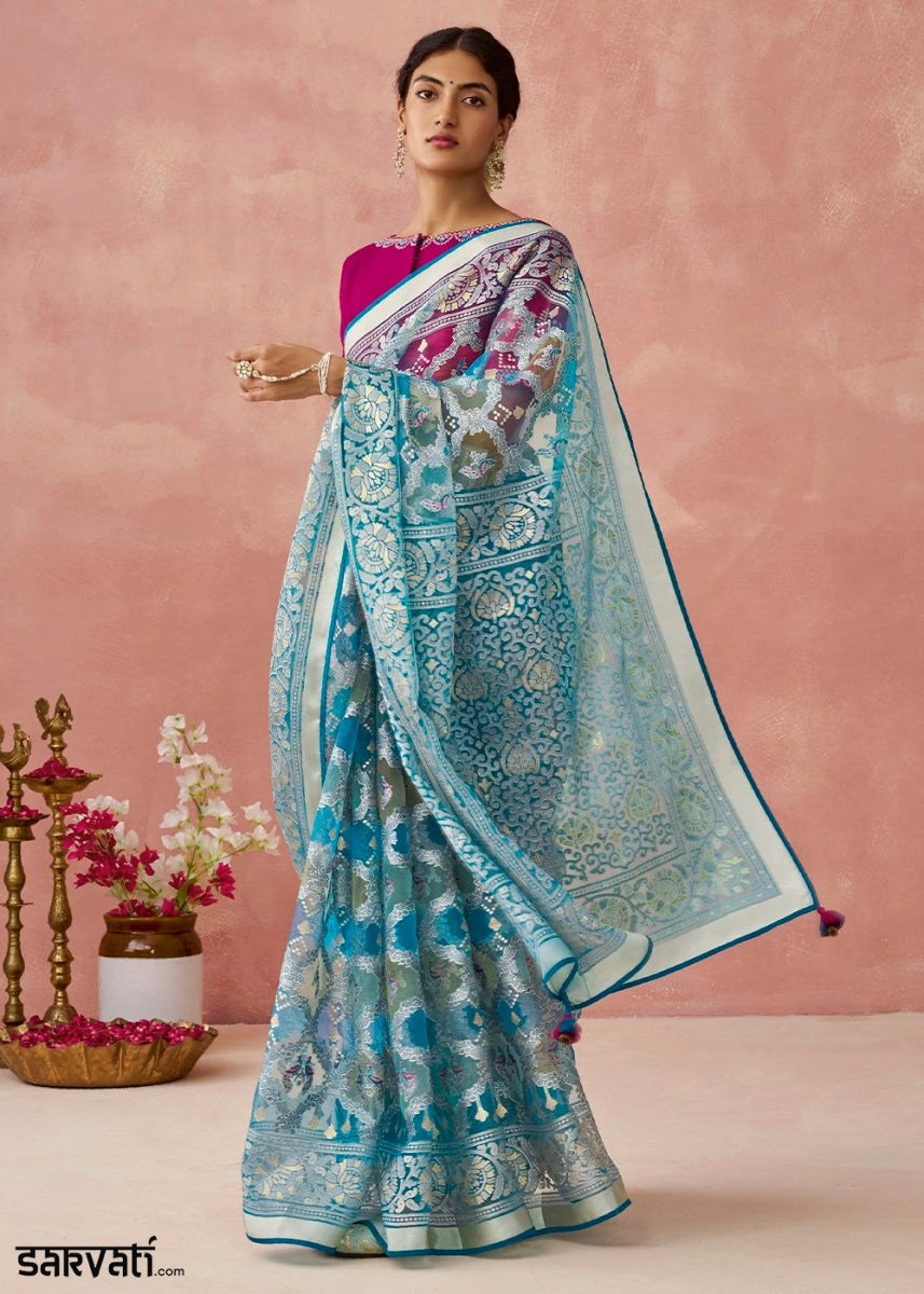 Blue & Pink Brasso Organza Saree with Designer Embroidered Blouse - House of Sarvati LLC