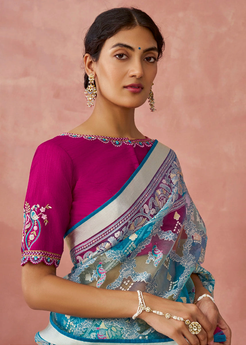 Blue & Pink Brasso Organza Saree with Designer Embroidered Blouse - House of Sarvati LLC
