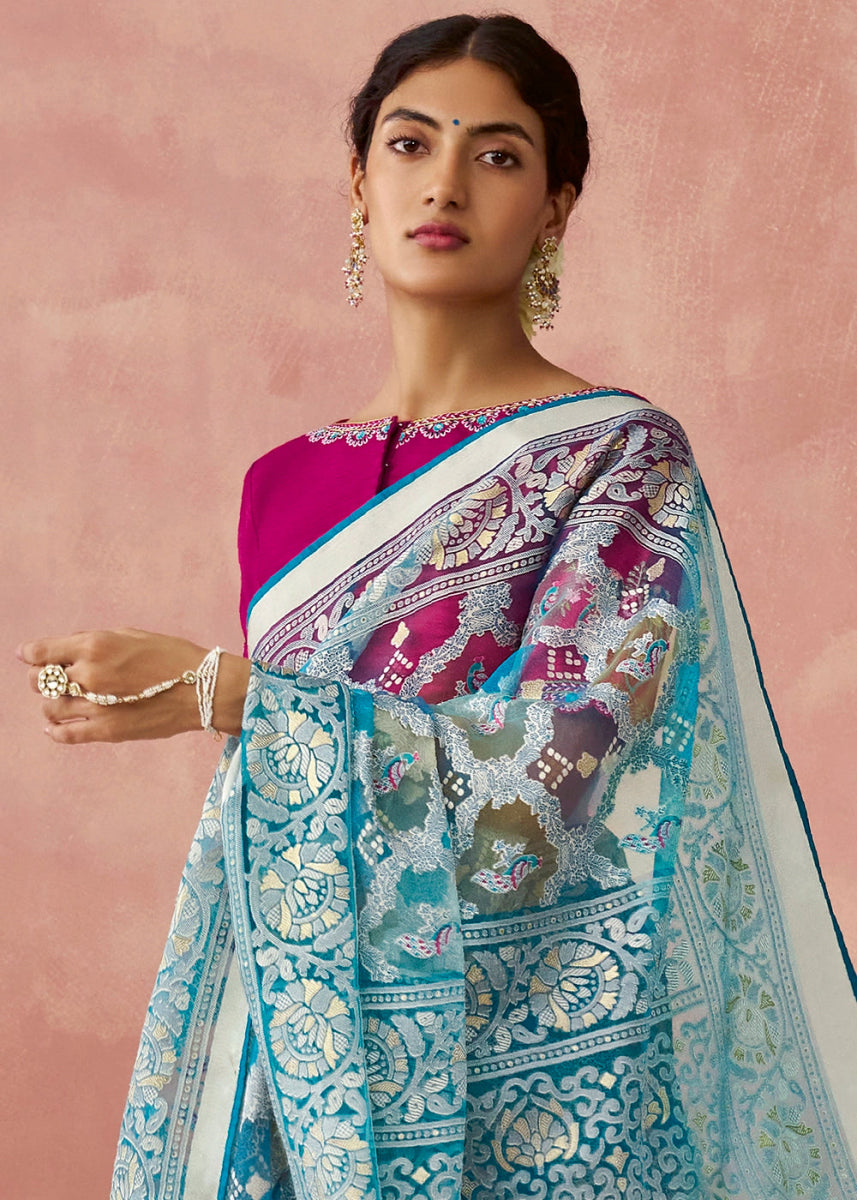 Blue & Pink Brasso Organza Saree with Designer Embroidered Blouse - House of Sarvati LLC