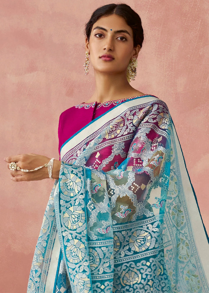 Blue & Pink Brasso Organza Saree with Designer Embroidered Blouse - House of Sarvati LLC