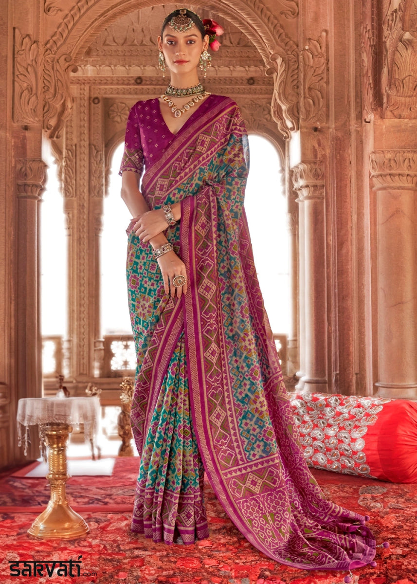 Blue & Pink Georgette Silk Saree with Ethnic Patola Print - House of Sarvati LLC