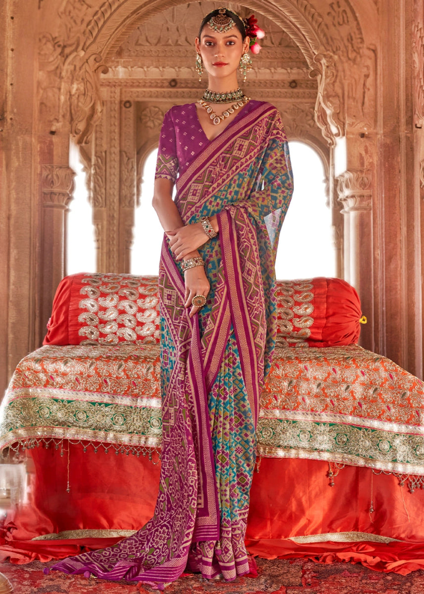 Blue & Pink Georgette Silk Saree with Ethnic Patola Print - House of Sarvati LLC