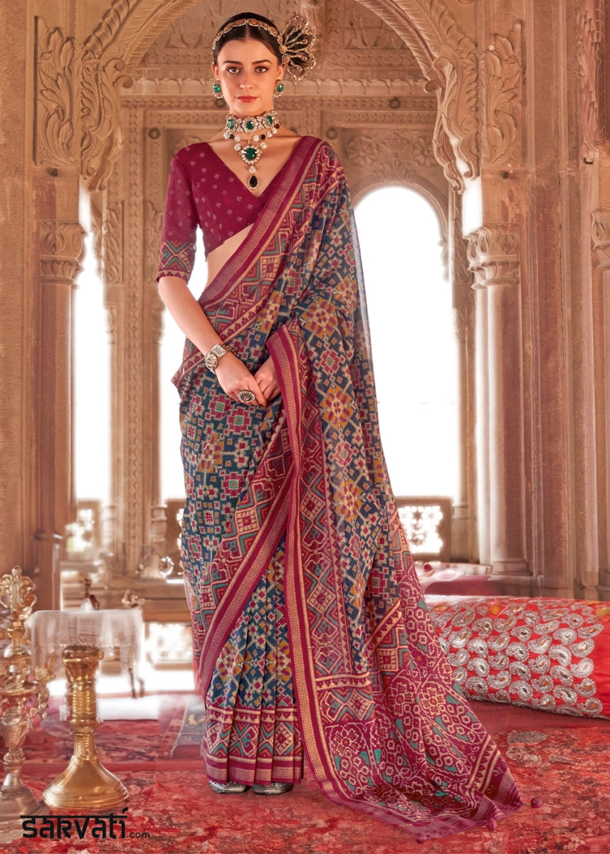 Blue & Pink Georgette Silk Saree with Ethnic Patola Print - House of Sarvati LLC