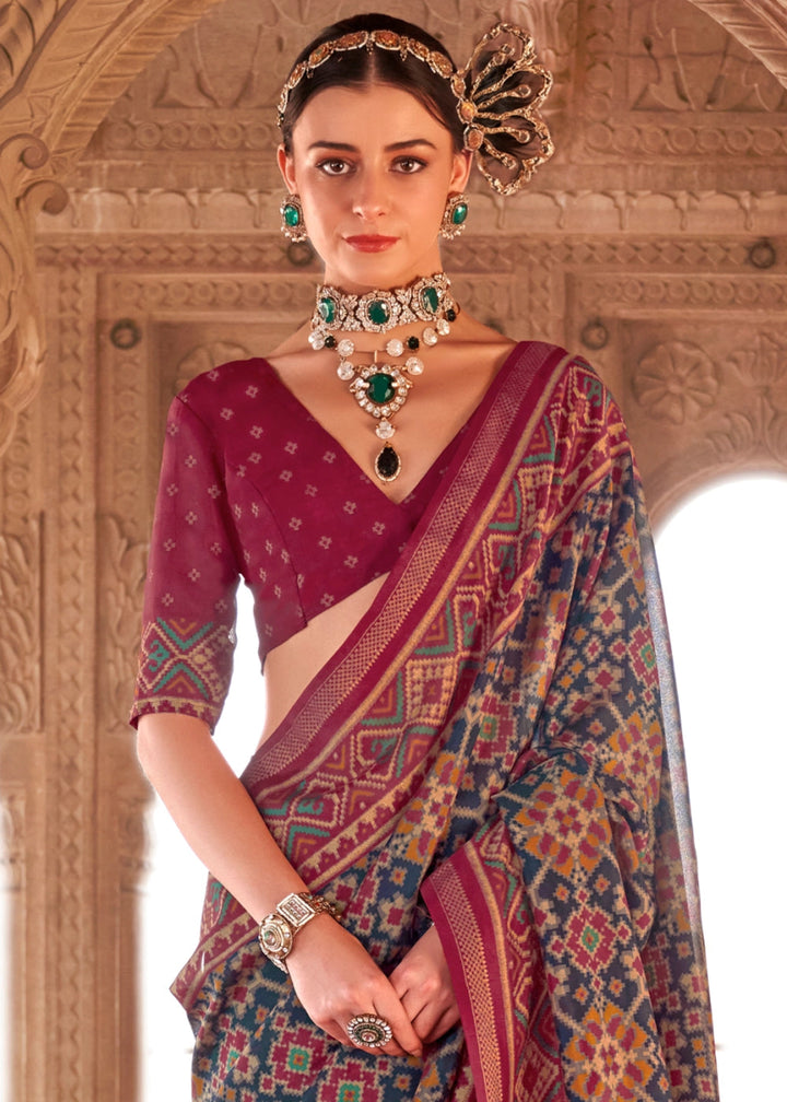 Blue & Pink Georgette Silk Saree with Ethnic Patola Print - House of Sarvati LLC
