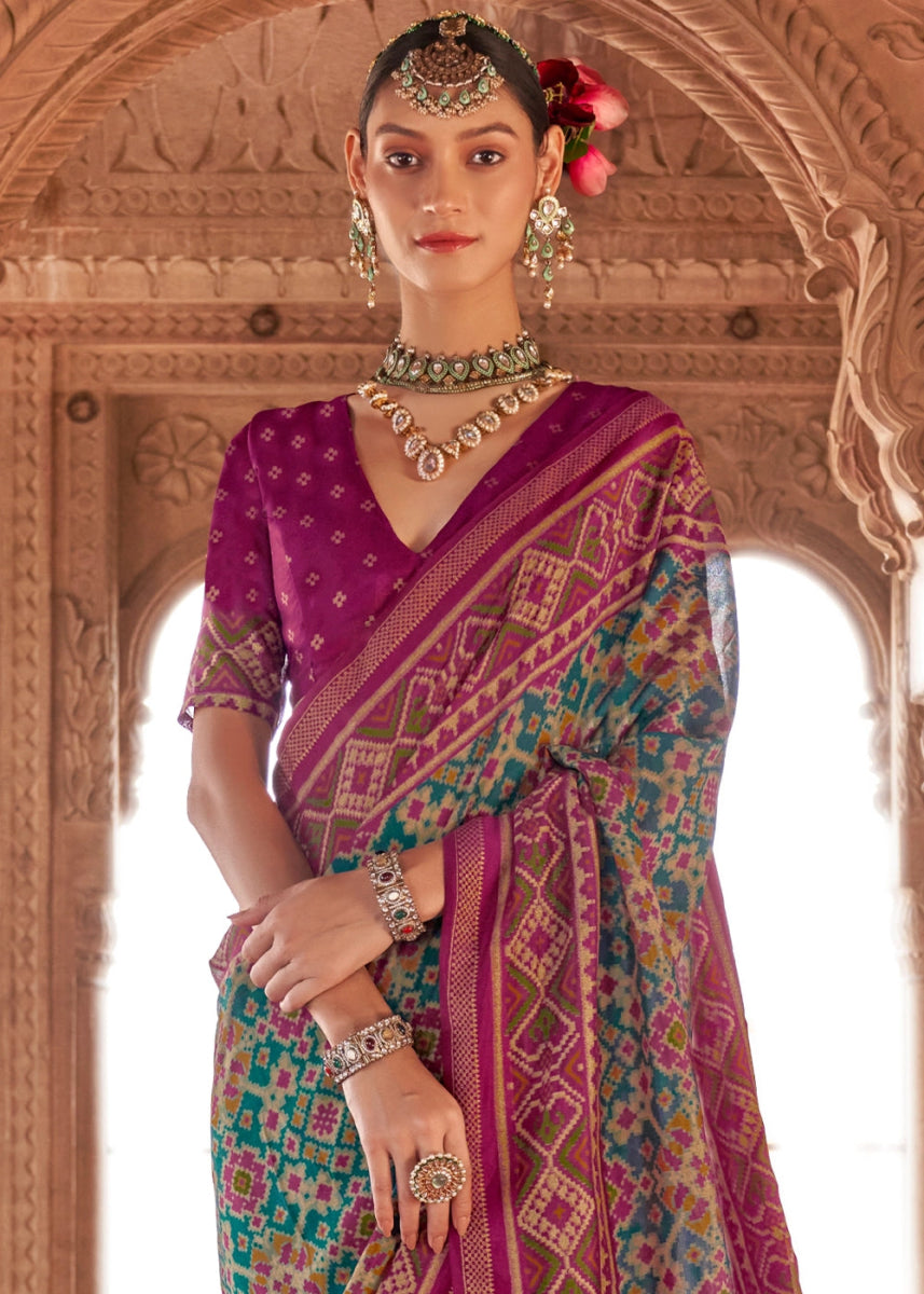 Blue & Pink Georgette Silk Saree with Ethnic Patola Print - House of Sarvati LLC