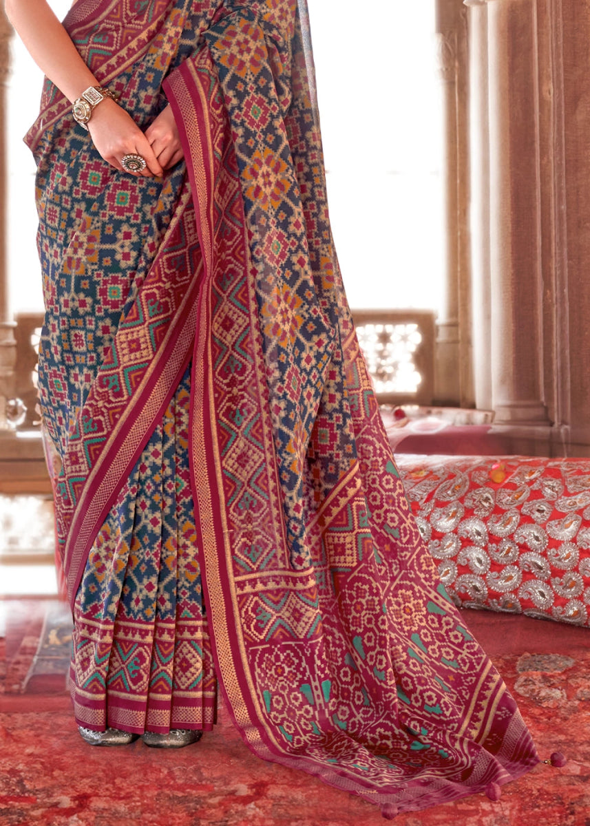 Blue & Pink Georgette Silk Saree with Ethnic Patola Print - House of Sarvati LLC