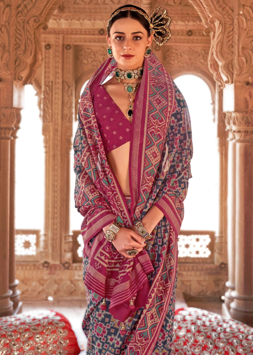 Blue & Pink Georgette Silk Saree with Ethnic Patola Print - House of Sarvati LLC