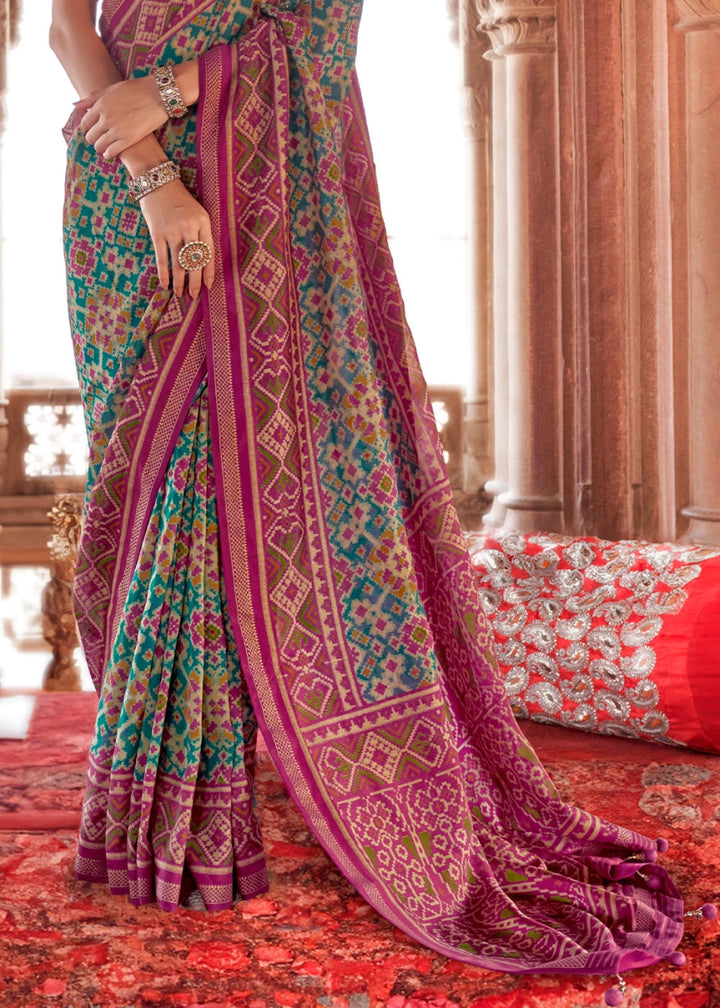 Blue & Pink Georgette Silk Saree with Ethnic Patola Print - House of Sarvati LLC