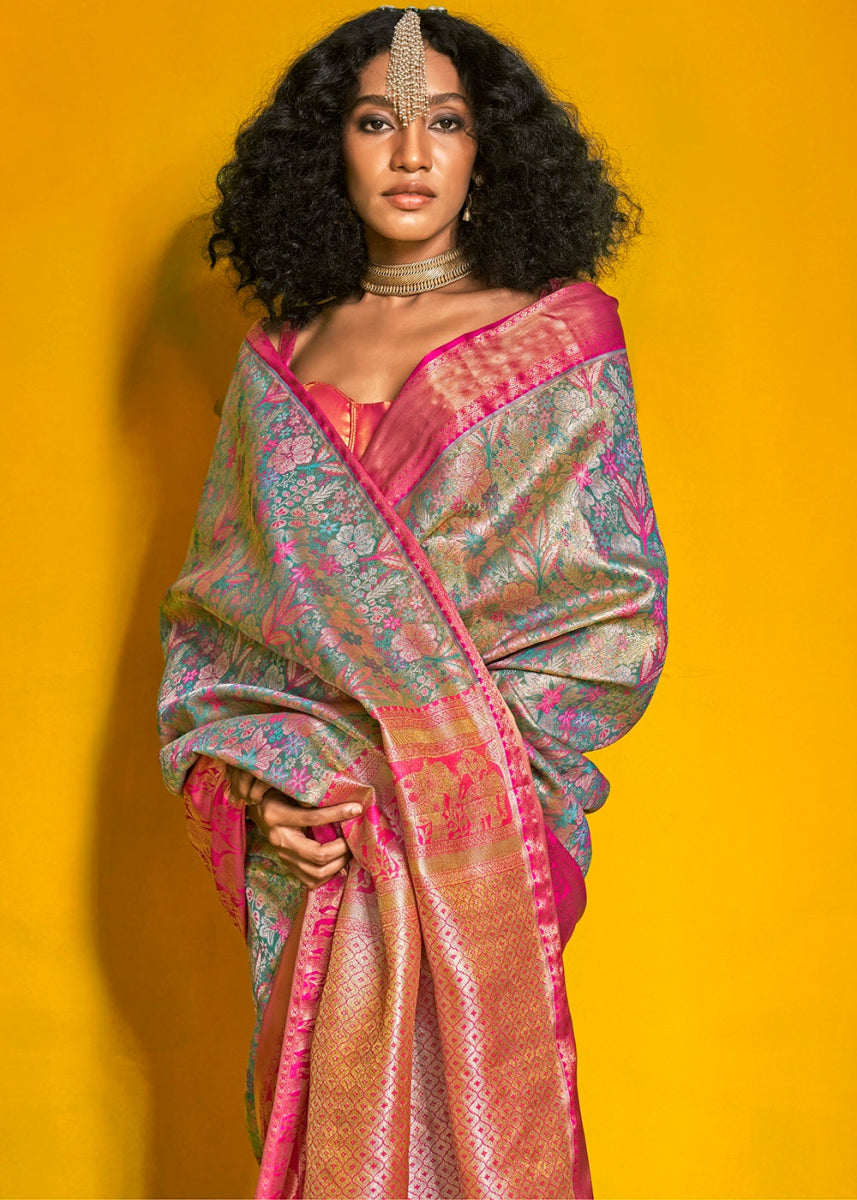 Blue & Pink Handloom Woven Kanjivaram Silk Saree with Zari Work - House of Sarvati LLC