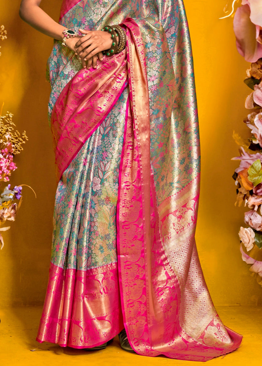 Blue & Pink Handloom Woven Kanjivaram Silk Saree with Zari Work - House of Sarvati LLC