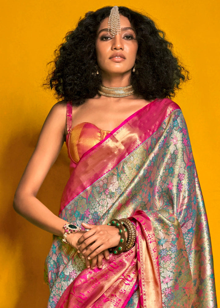 Blue & Pink Handloom Woven Kanjivaram Silk Saree with Zari Work - House of Sarvati LLC