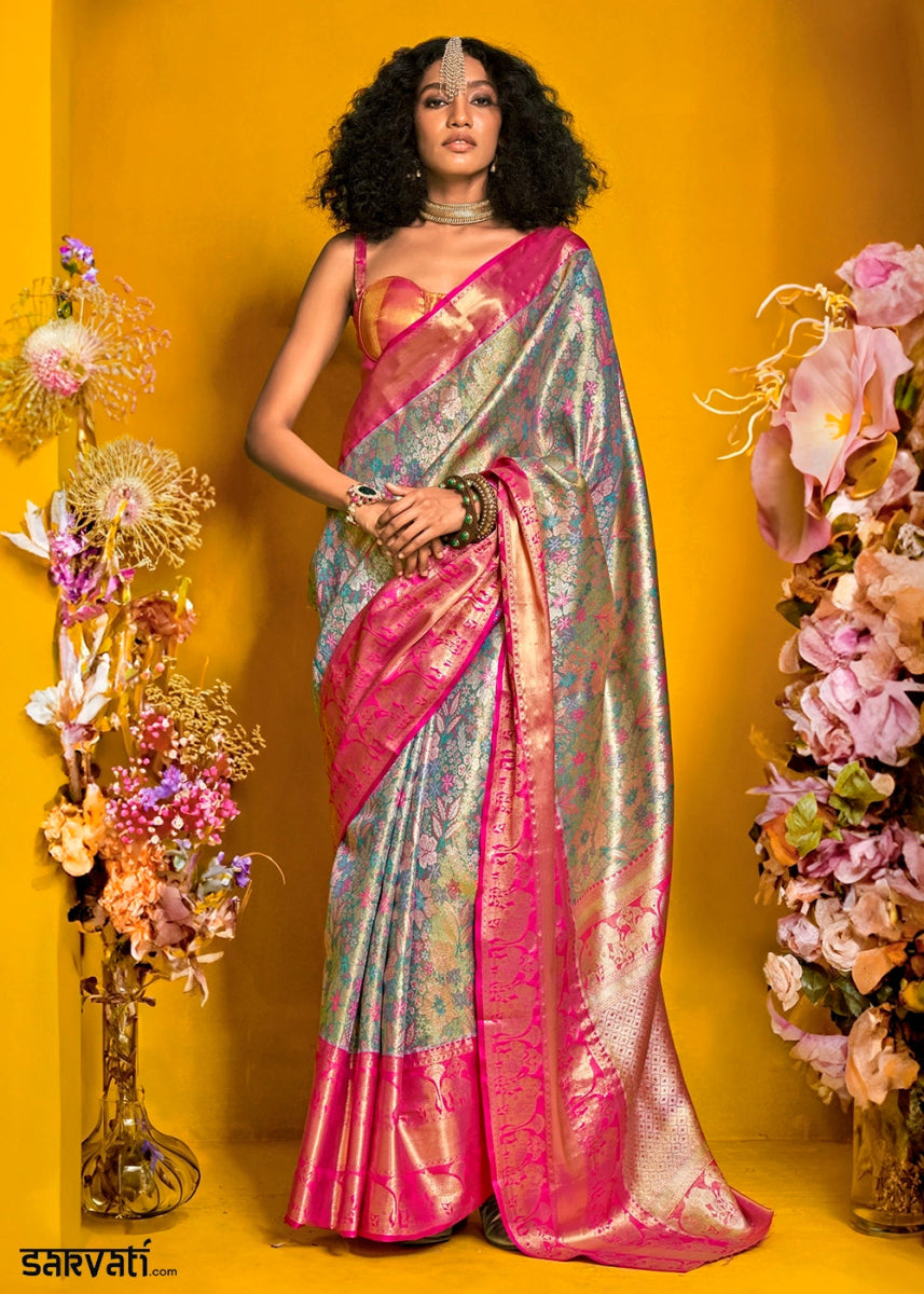 Blue & Pink Handloom Woven Kanjivaram Silk Saree with Zari Work - House of Sarvati LLC