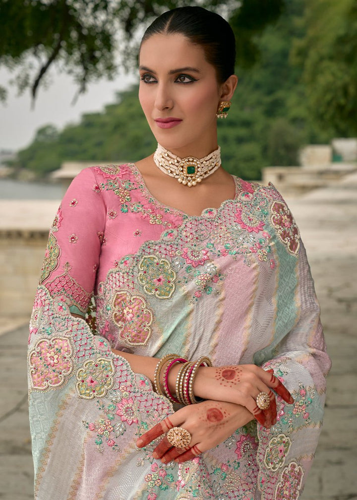 Blue & Pink Viscose Silk Saree with Intricate Cutwork & Embroidery - House of Sarvati LLC