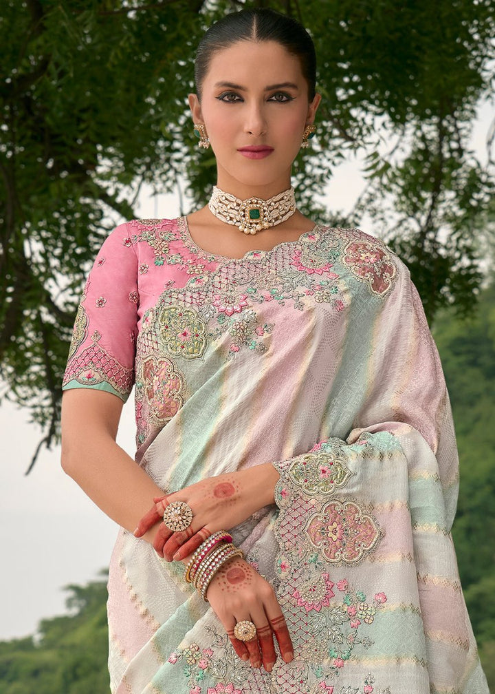 Blue & Pink Viscose Silk Saree with Intricate Cutwork & Embroidery - House of Sarvati LLC