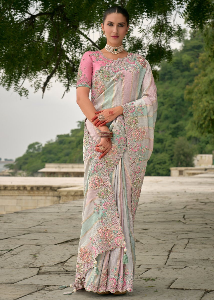 Blue & Pink Viscose Silk Saree with Intricate Cutwork & Embroidery - House of Sarvati LLC