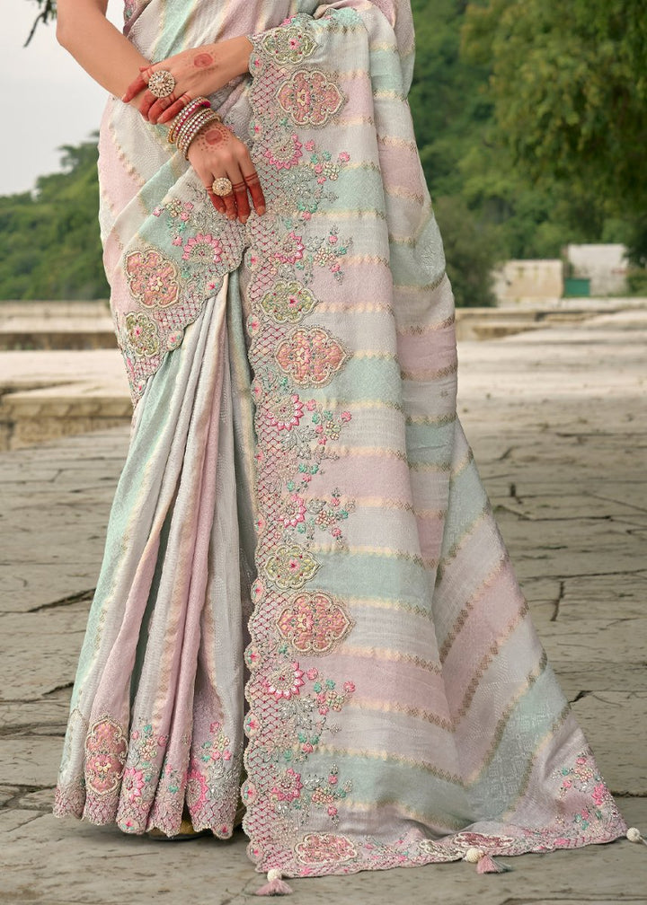 Blue & Pink Viscose Silk Saree with Intricate Cutwork & Embroidery - House of Sarvati LLC