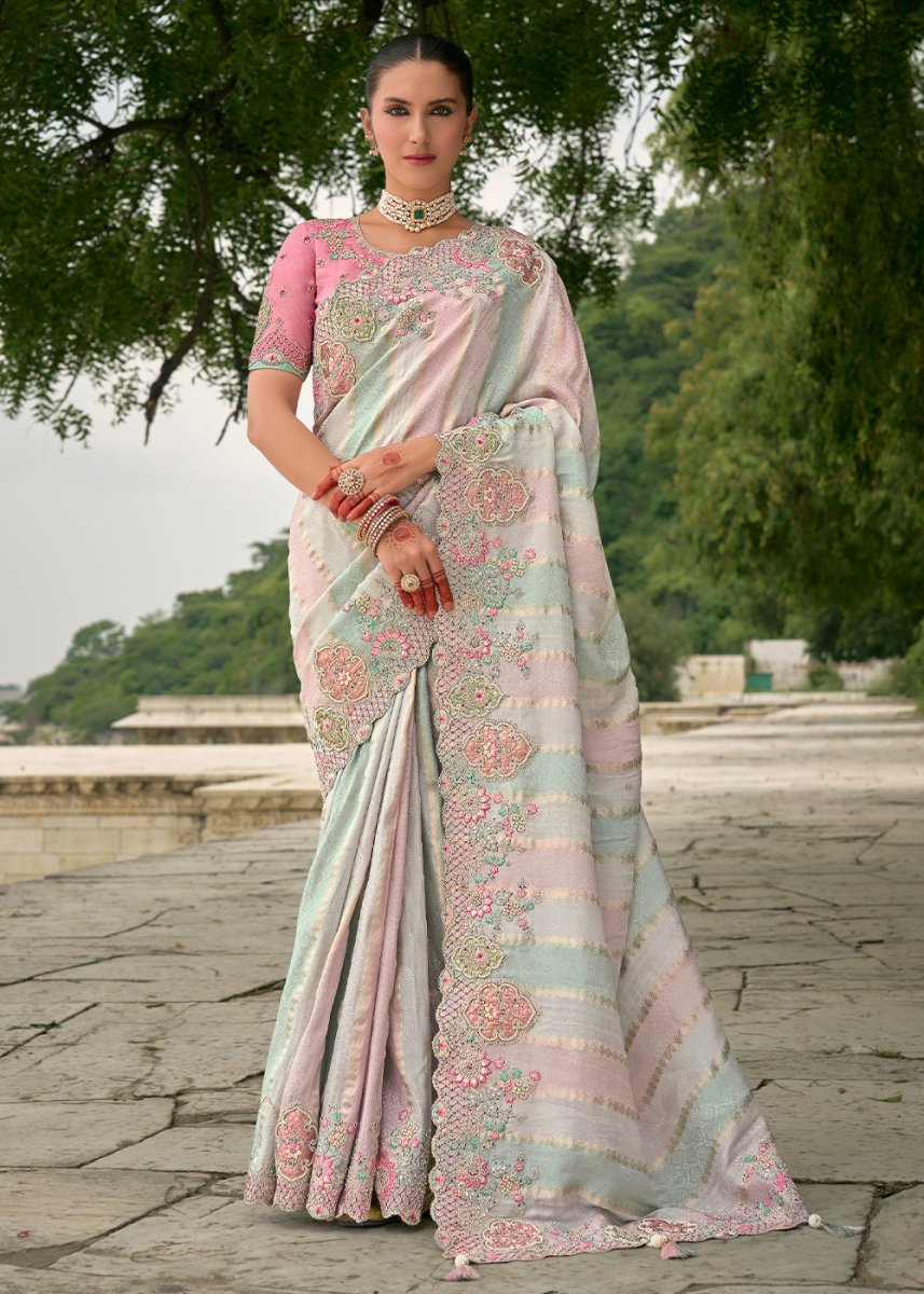 Blue & Pink Viscose Silk Saree with Intricate Cutwork & Embroidery - House of Sarvati LLC