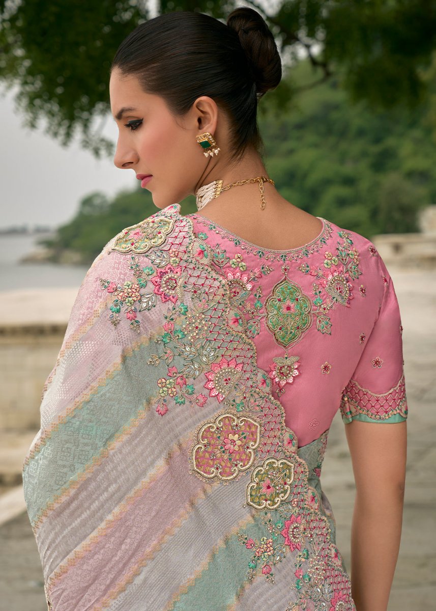 Blue & Pink Viscose Silk Saree with Intricate Cutwork & Embroidery - House of Sarvati LLC