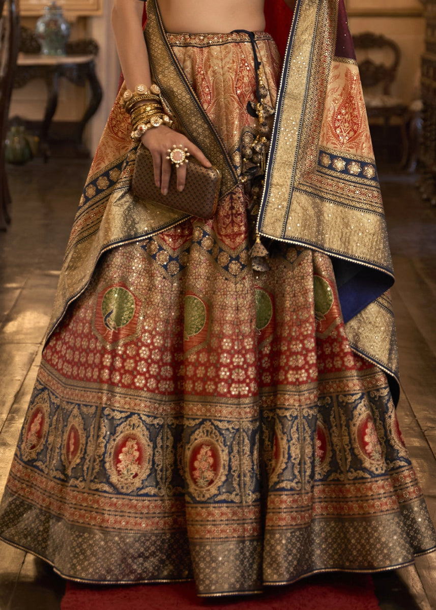 Blue & Red Embellished Rajwadi Silk Lehenga Choli with Aari Mirror Work - House of Sarvati LLC