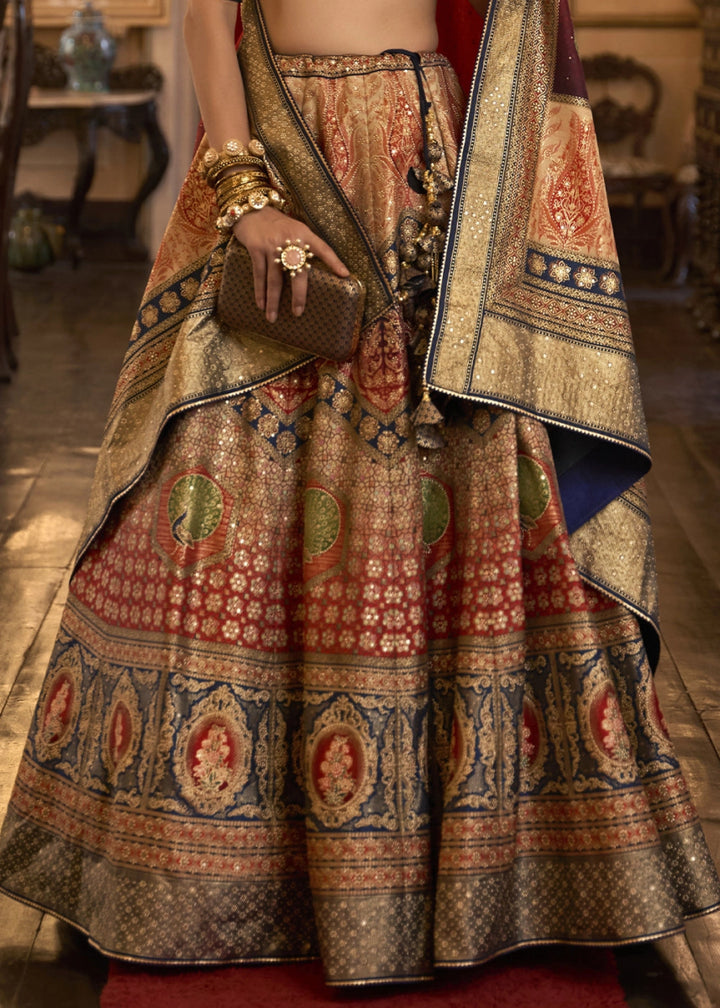 Blue & Red Embellished Rajwadi Silk Lehenga Choli with Aari Mirror Work - House of Sarvati LLC