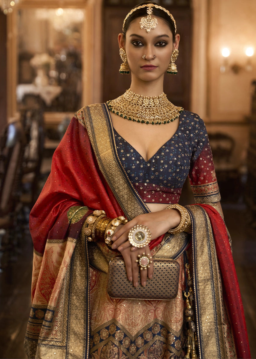 Blue & Red Embellished Rajwadi Silk Lehenga Choli with Aari Mirror Work - House of Sarvati LLC