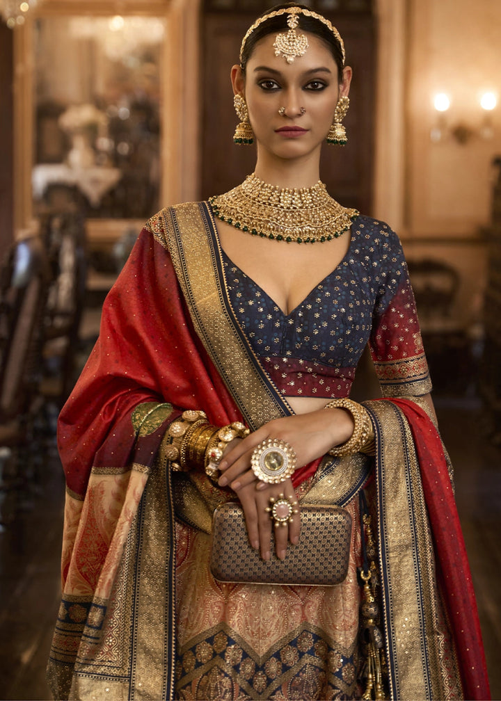 Blue & Red Embellished Rajwadi Silk Lehenga Choli with Aari Mirror Work - House of Sarvati LLC