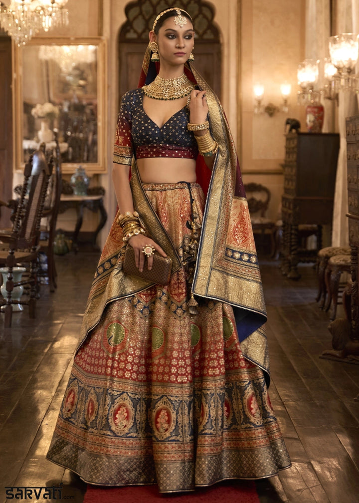 Blue & Red Embellished Rajwadi Silk Lehenga Choli with Aari Mirror Work - House of Sarvati LLC