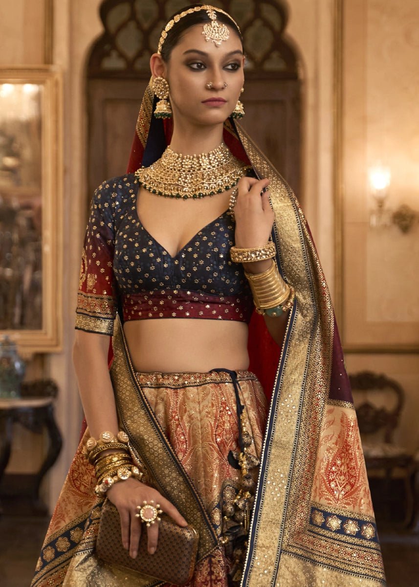 Blue & Red Embellished Rajwadi Silk Lehenga Choli with Aari Mirror Work - House of Sarvati LLC