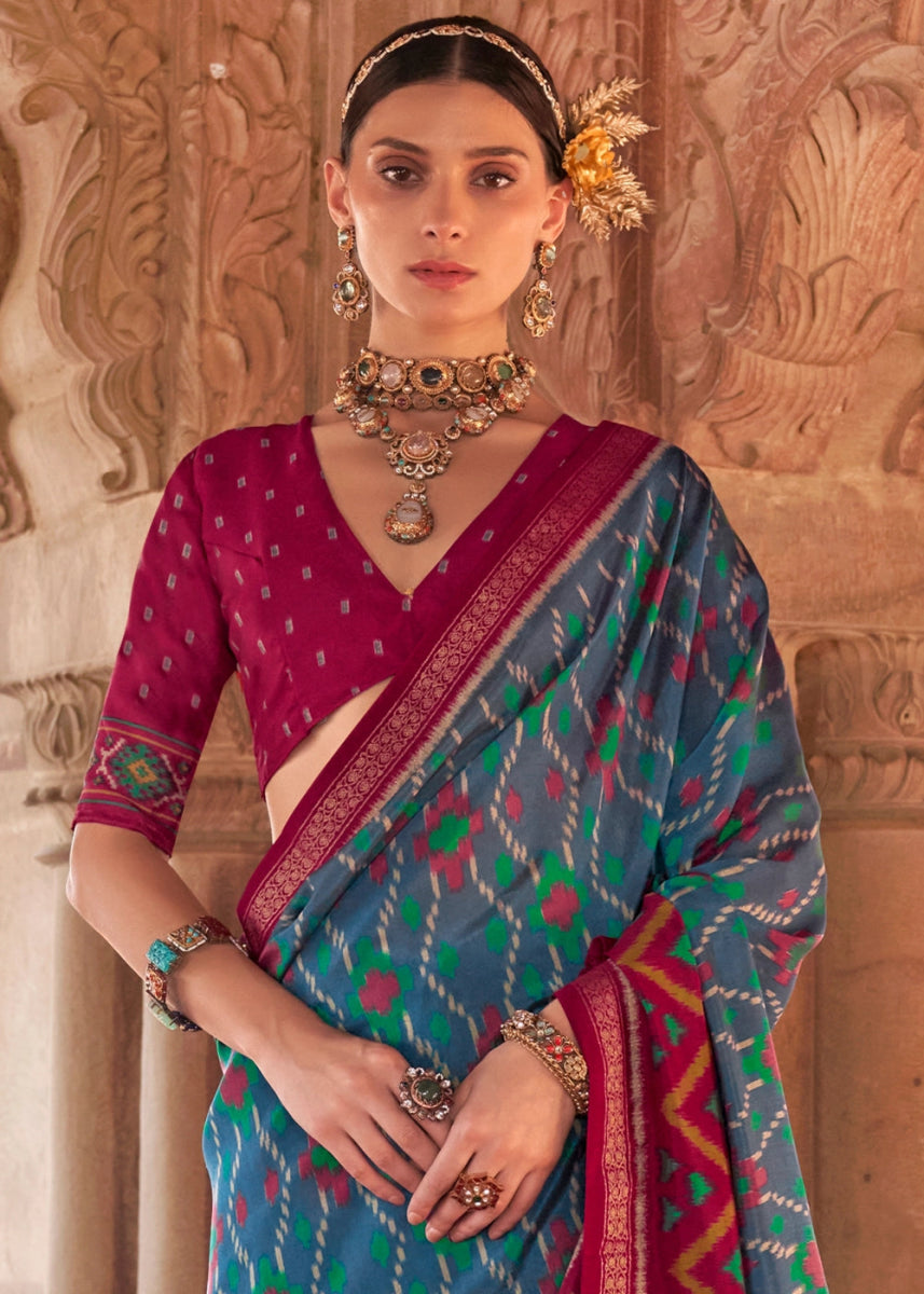 Blue & Red Georgette Silk Saree with Ethnic Patola Print - House of Sarvati LLC