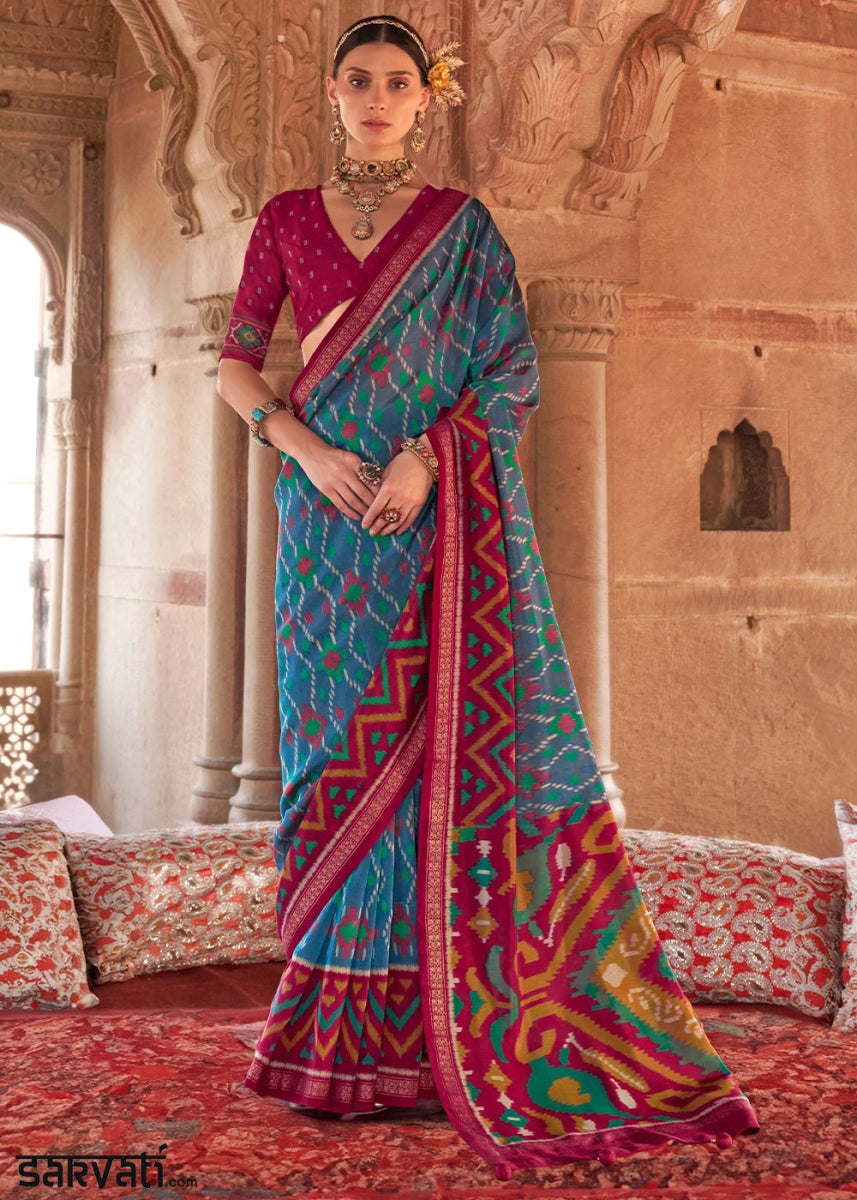 Blue & Red Georgette Silk Saree with Ethnic Patola Print - House of Sarvati LLC