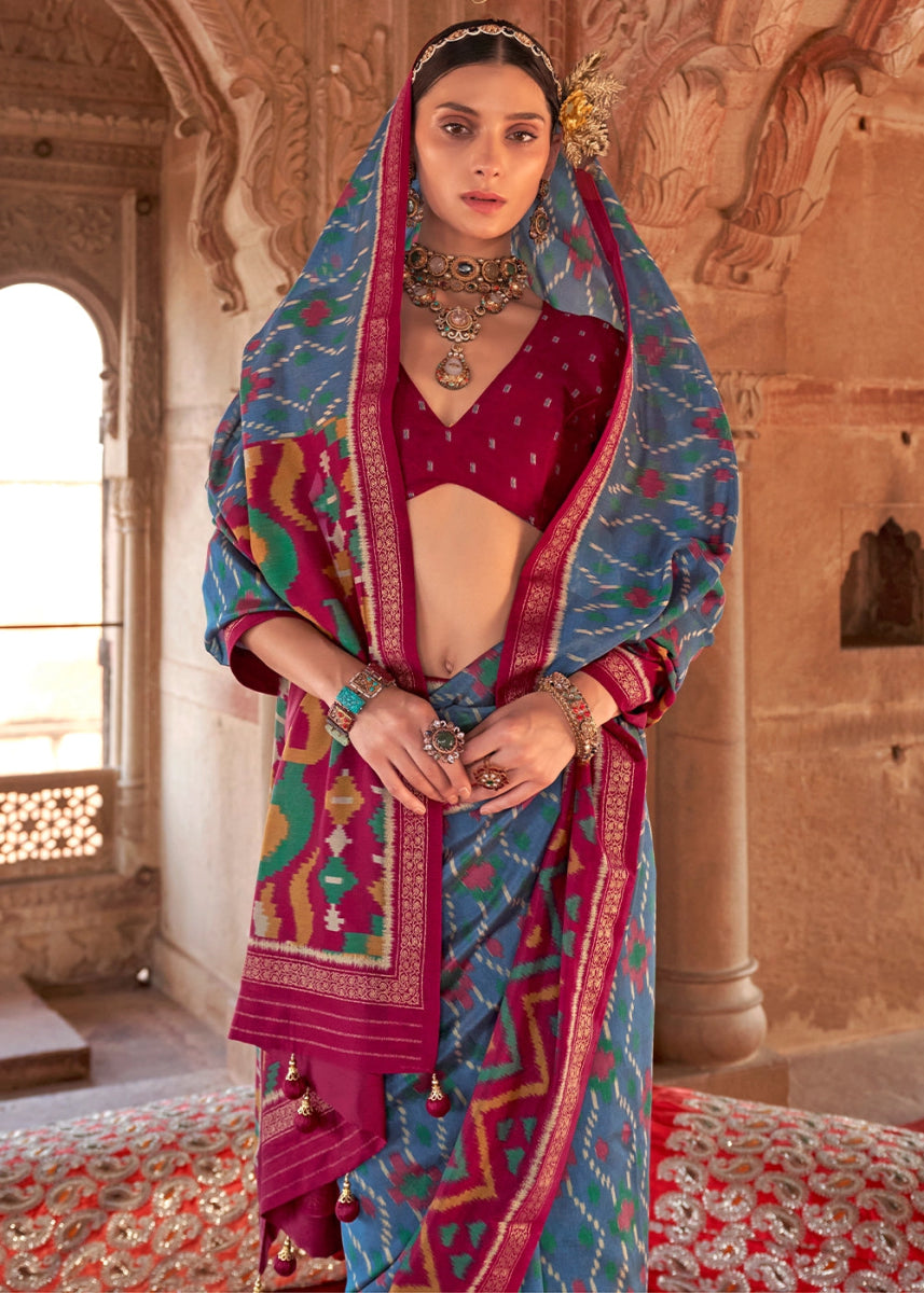 Blue & Red Georgette Silk Saree with Ethnic Patola Print - House of Sarvati LLC