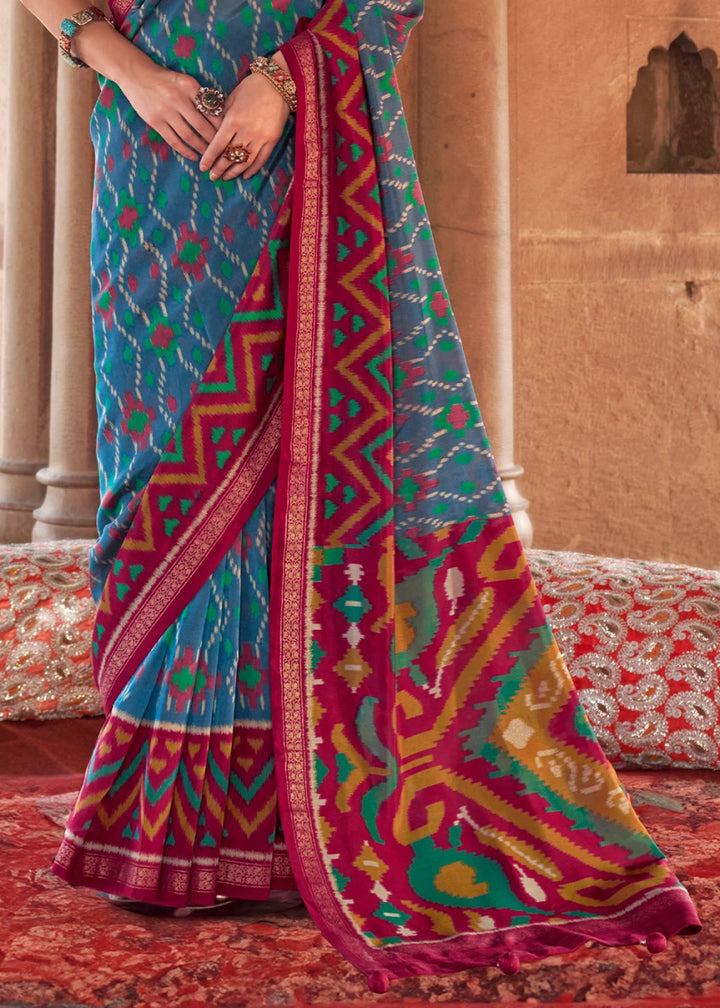 Blue & Red Georgette Silk Saree with Ethnic Patola Print - House of Sarvati LLC