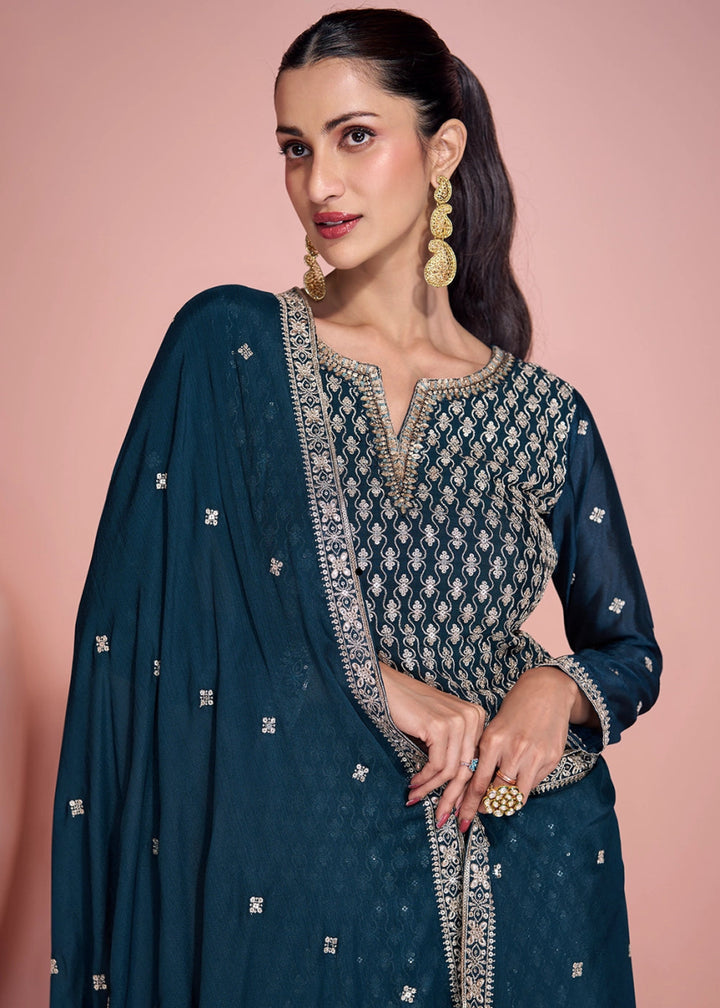 Blue Toned Chinon Silk Sharara Suit with Fine Embroidered Detailing - House of Sarvati LLC