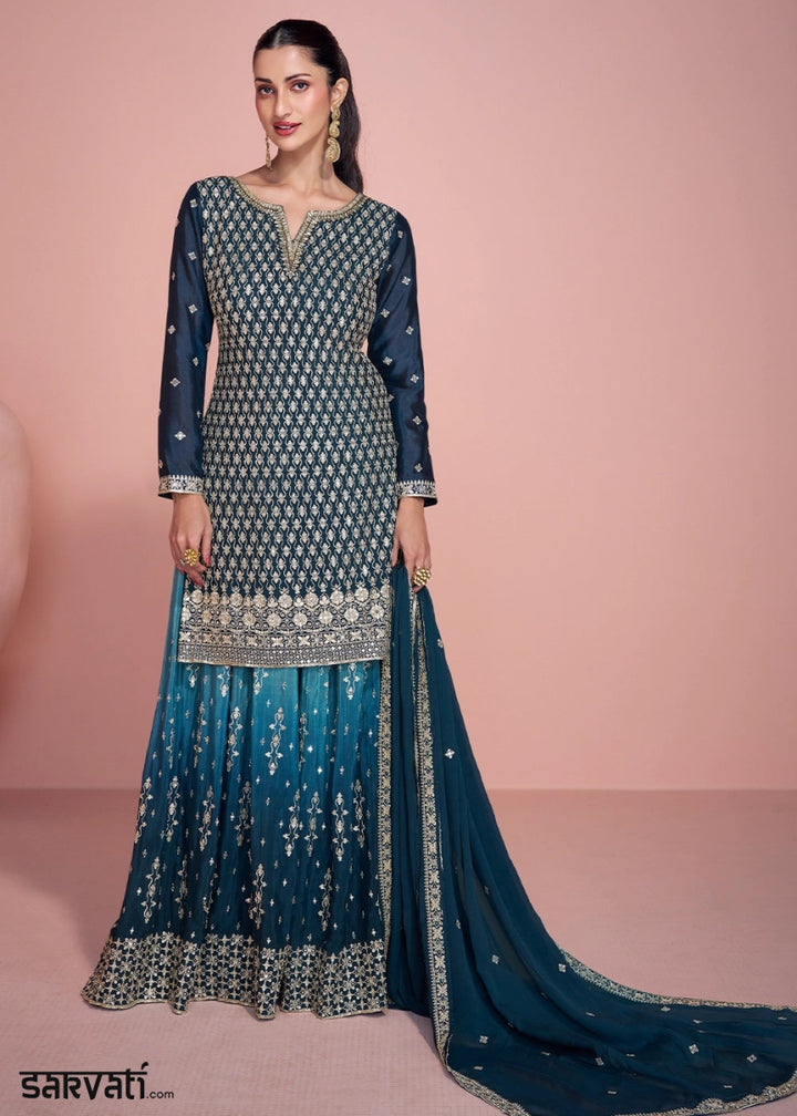 Blue Toned Chinon Silk Sharara Suit with Fine Embroidered Detailing - House of Sarvati LLC