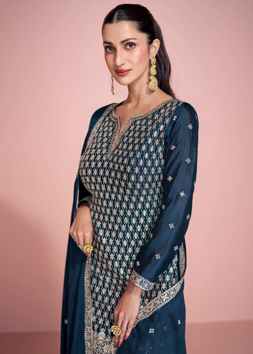 Blue Toned Chinon Silk Sharara Suit with Fine Embroidered Detailing - House of Sarvati LLC