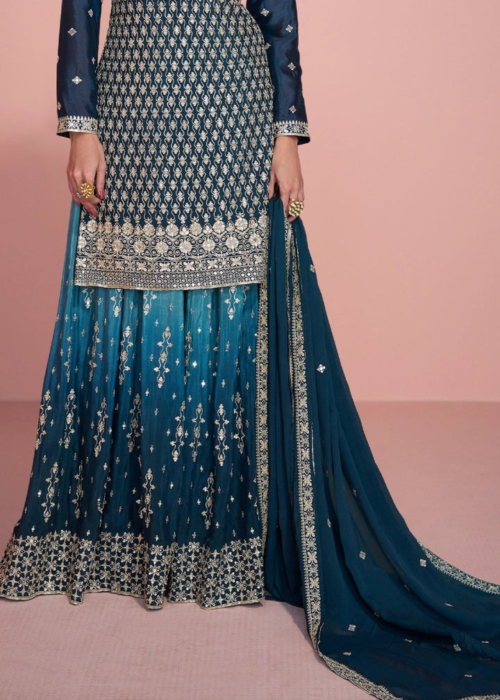 Blue Toned Chinon Silk Sharara Suit with Fine Embroidered Detailing - House of Sarvati LLC