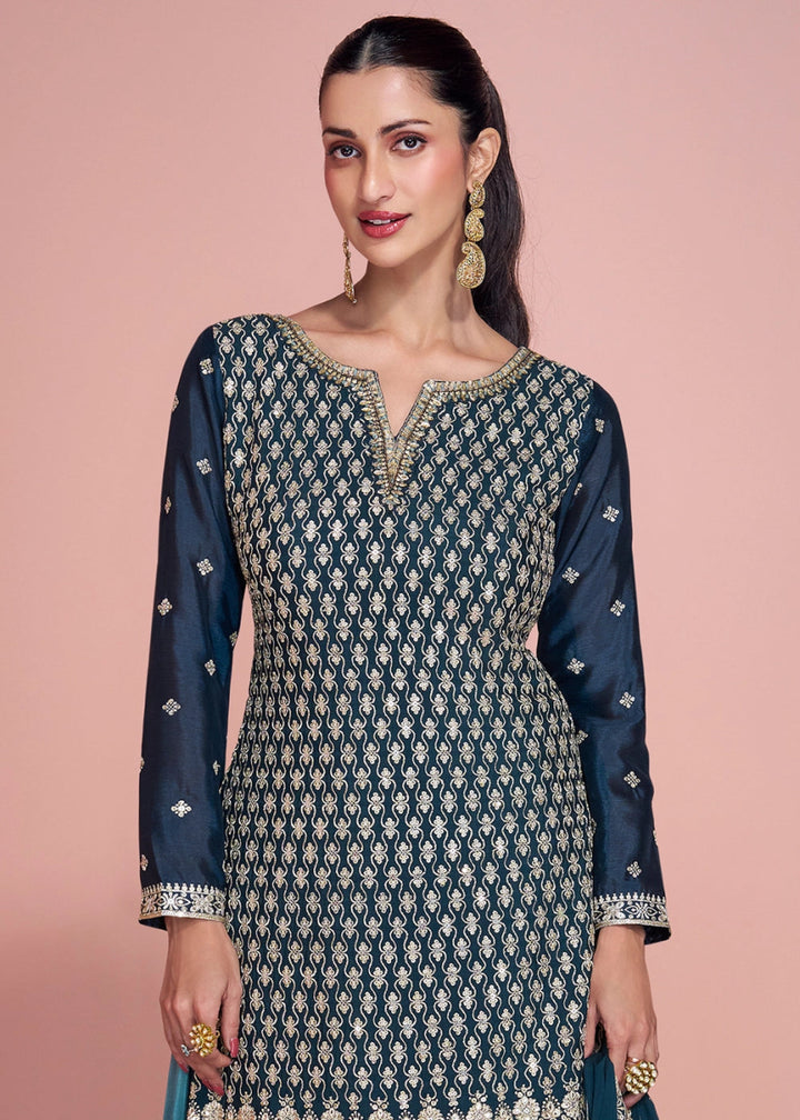 Blue Toned Chinon Silk Sharara Suit with Fine Embroidered Detailing - House of Sarvati LLC