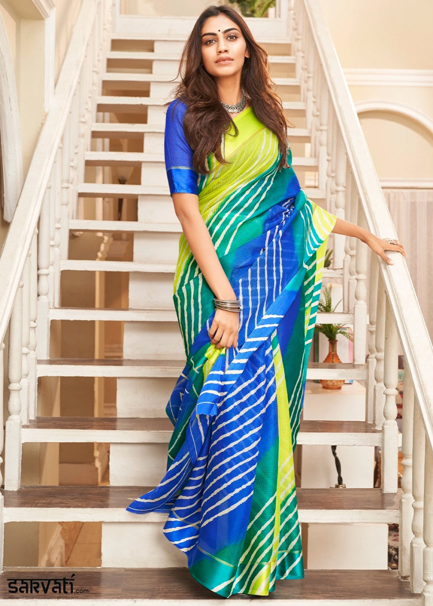 Blue & Yellow Ombre Leheriya Cotton Saree : Breezy Summer Look - House of Sarvati LLC