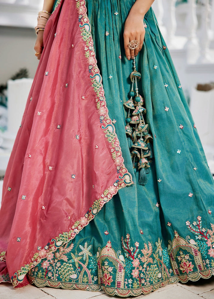 Blueish Green Satin Lehenga Choli with Elegant Floral Embroidery - House of Sarvati LLC