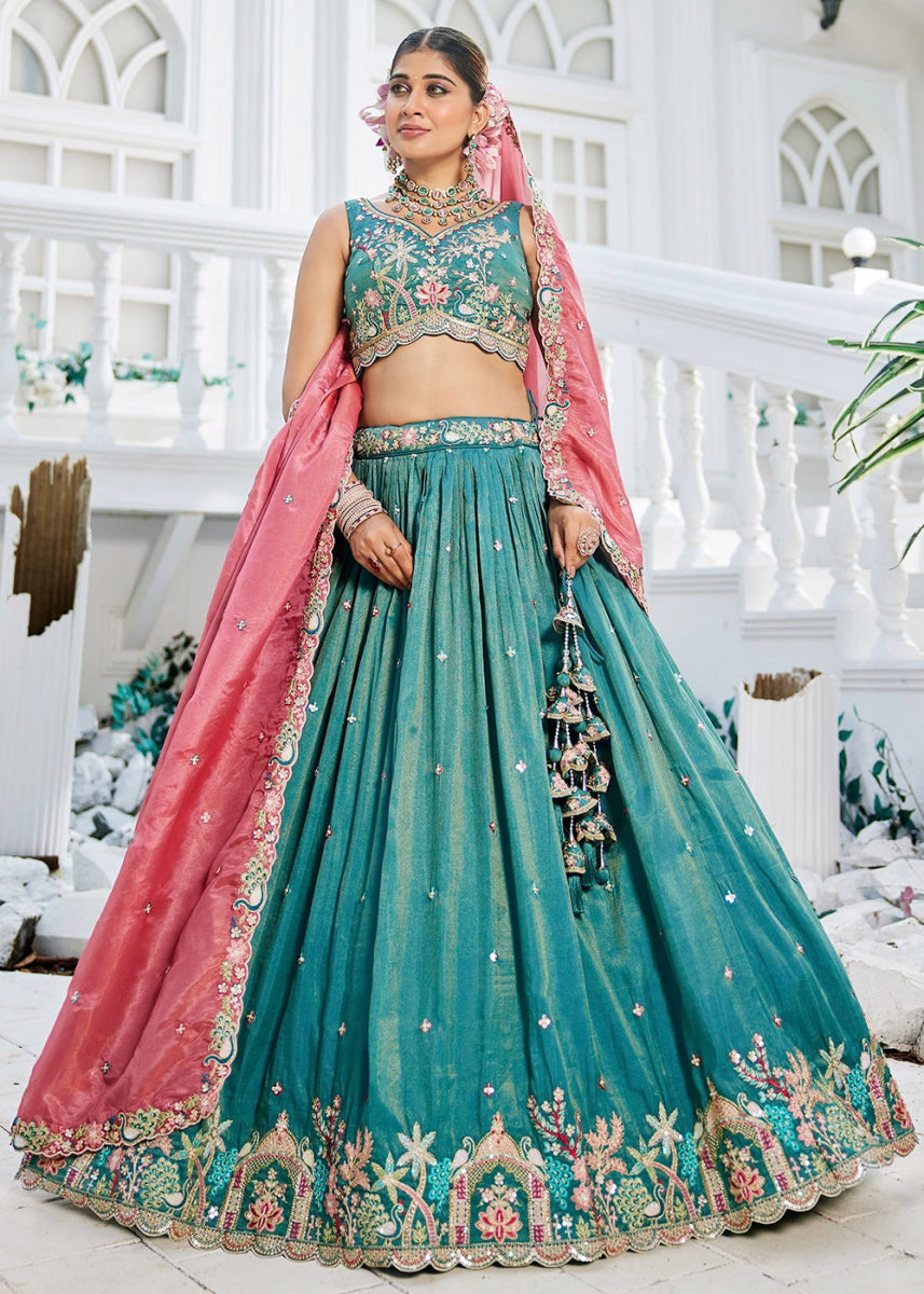 Blueish Green Satin Lehenga Choli with Elegant Floral Embroidery - House of Sarvati LLC