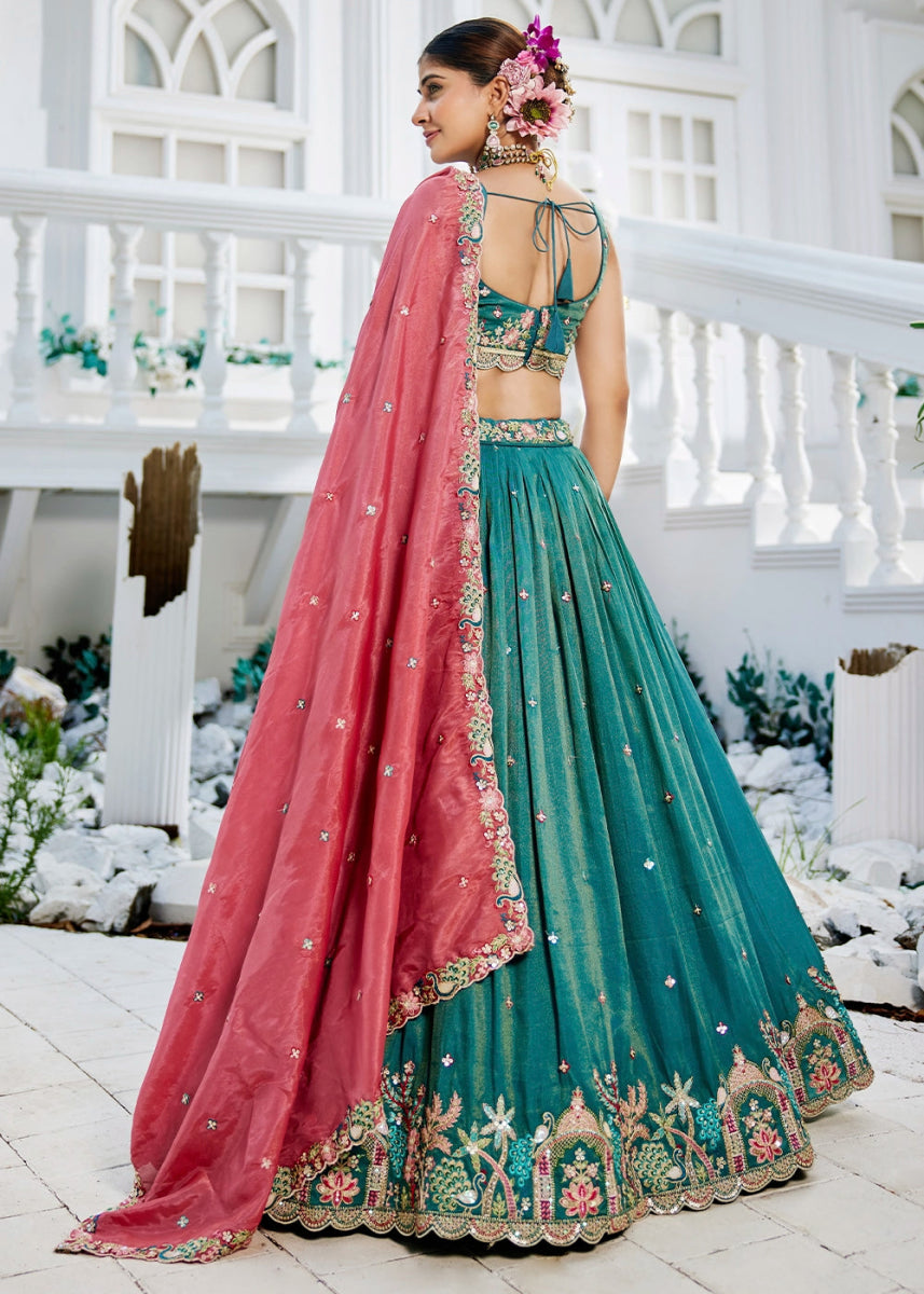Blueish Green Satin Lehenga Choli with Elegant Floral Embroidery - House of Sarvati LLC