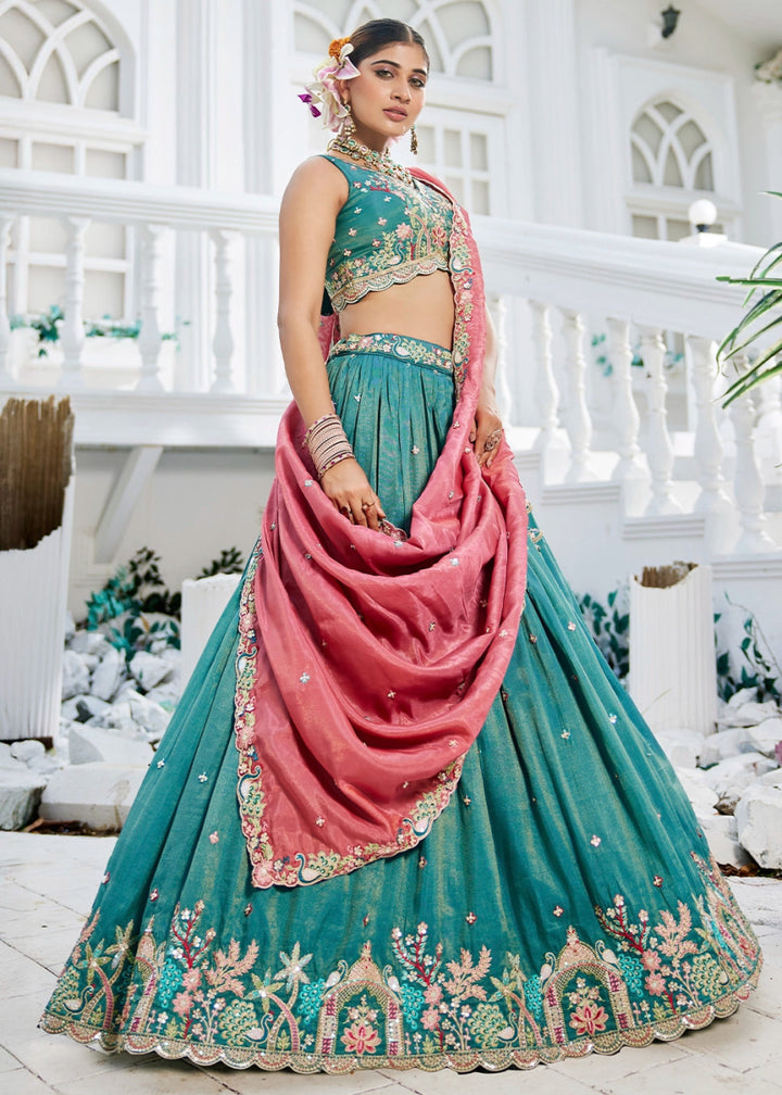 Blueish Green Satin Lehenga Choli with Elegant Floral Embroidery - House of Sarvati LLC