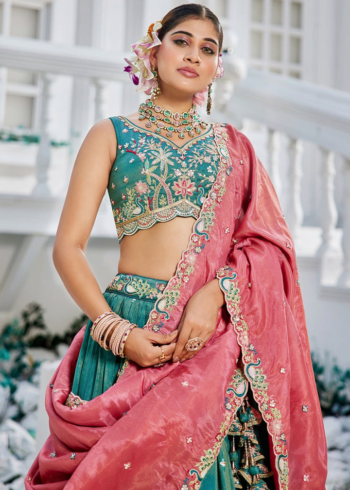 Blueish Green Satin Lehenga Choli with Elegant Floral Embroidery - House of Sarvati LLC