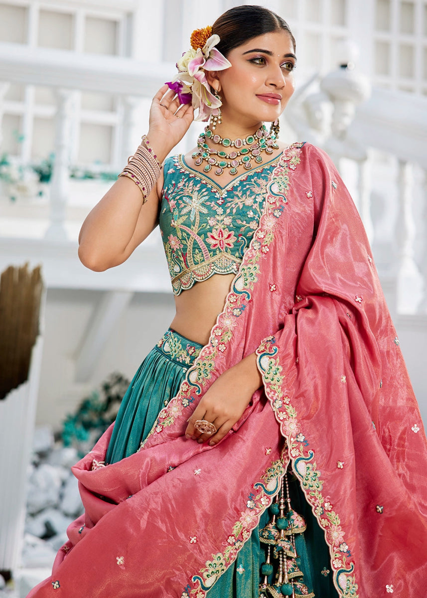 Blueish Green Satin Lehenga Choli with Elegant Floral Embroidery - House of Sarvati LLC