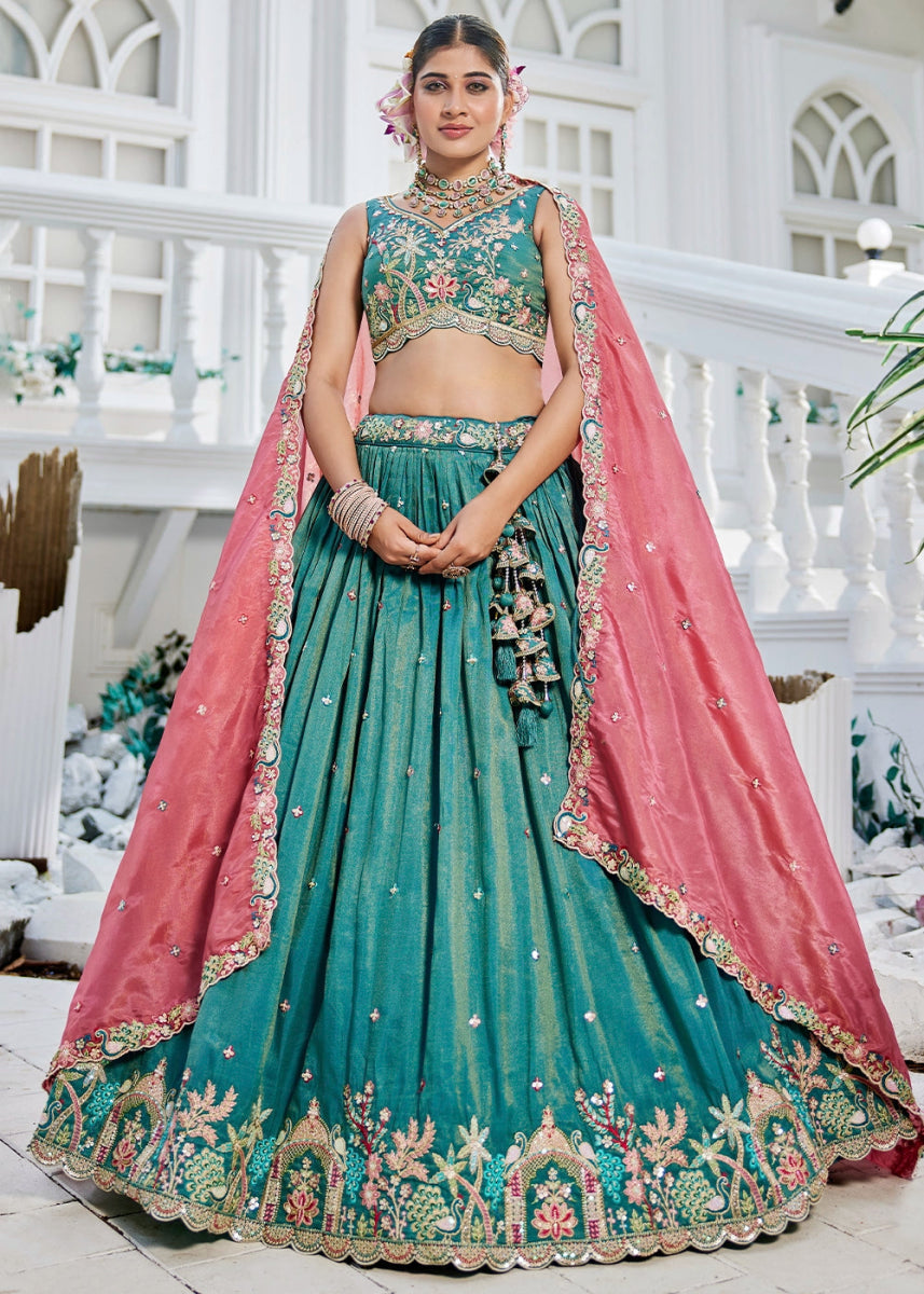 Blueish Green Satin Lehenga Choli with Elegant Floral Embroidery - House of Sarvati LLC